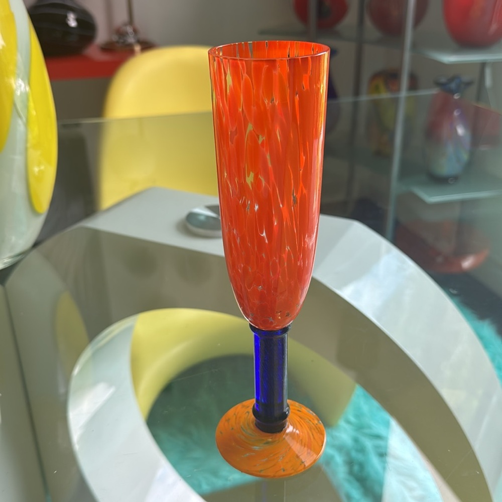 Set MURANO Style Art Glass Champagne Flutes Glasses Orange Cobalt Blue - Picture 6 of 10